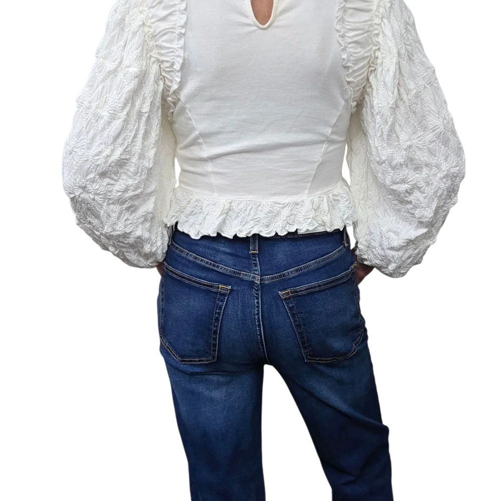 Free People White Ruffle Puff Sleeve Peplum Top Size M Coquette
